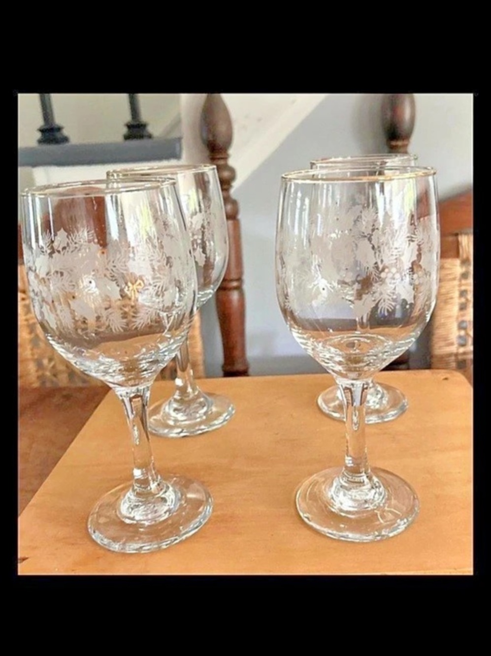 Set of 4 Etched Floral Wine Glasses